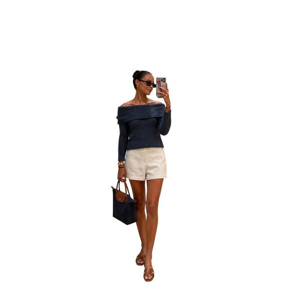 The Workshop Tops - The Workshop Off Shoulder Eyelash Knit Sweater Women’s Blue Fuzzy Soft Pullover